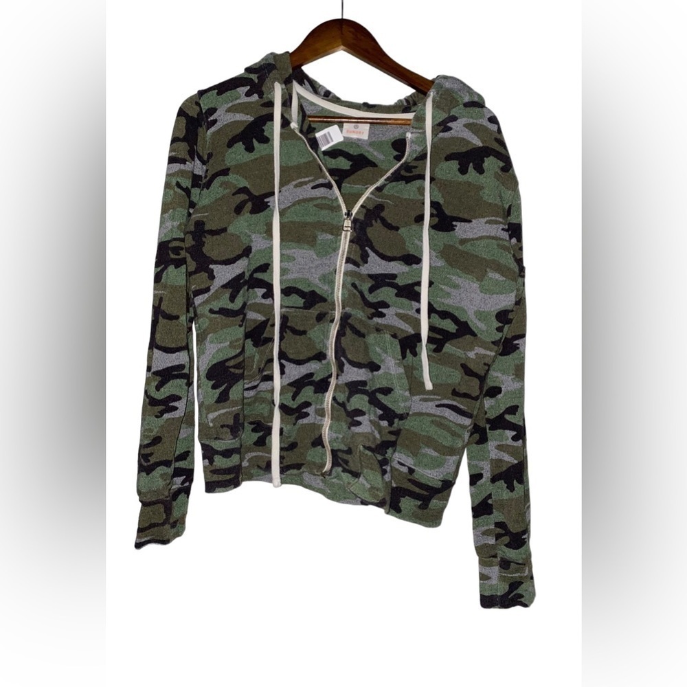 Anthropologie Sundry Camo‎ Green Hooded Sweatshirt Women Medium Outdoor Full ZIp